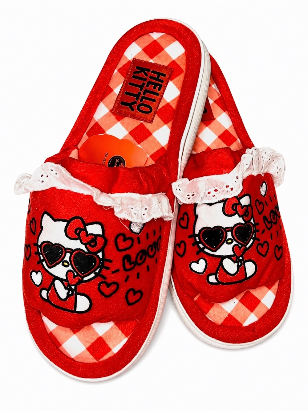 Hello Kitty Red & White Heart Slip-On Slippers Trimmed in White Eyelet